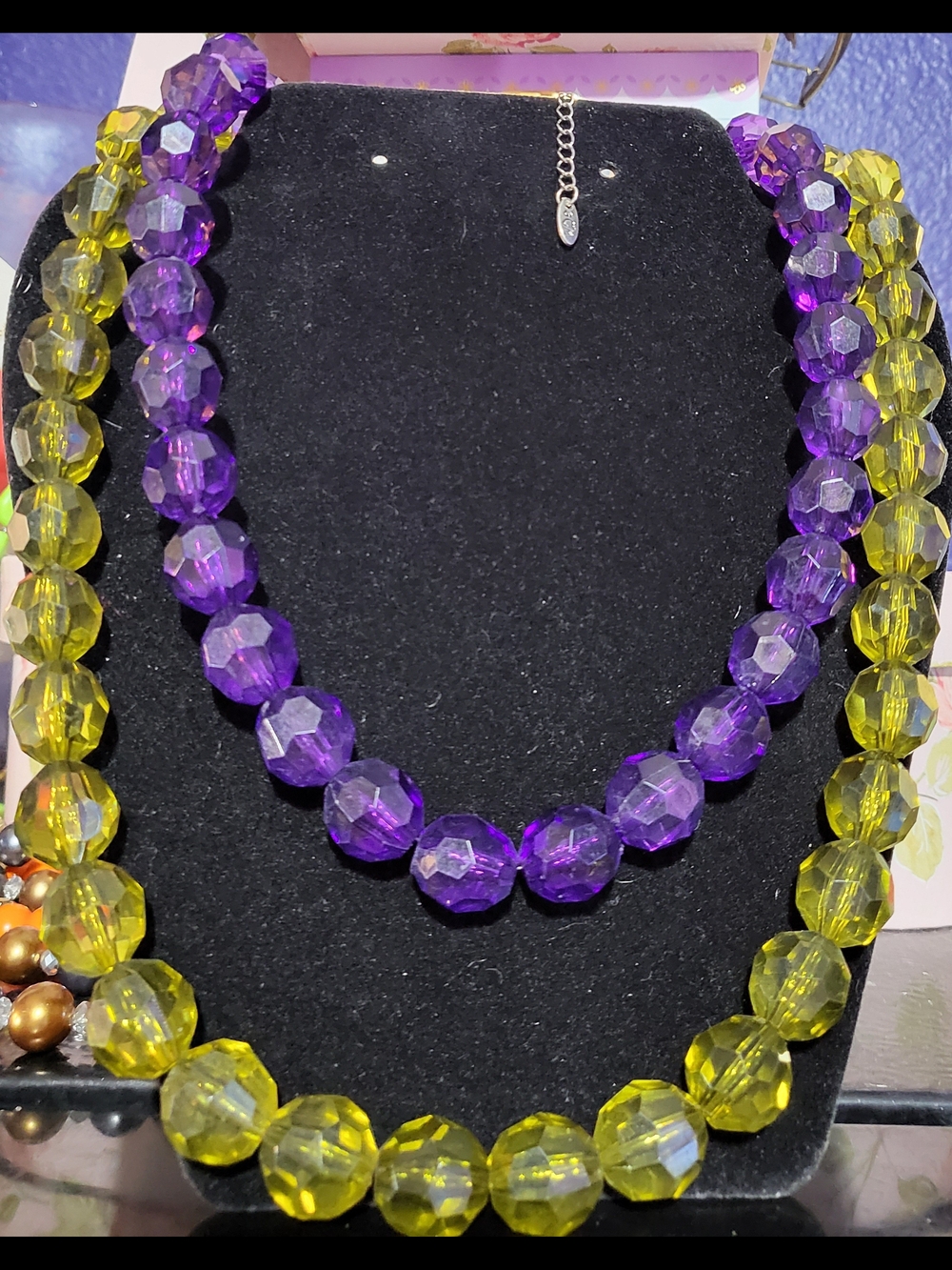 2X26"GCM Garold C Miller Chunky Chartreuse Green/Purple Faceted Beaded Necklaces